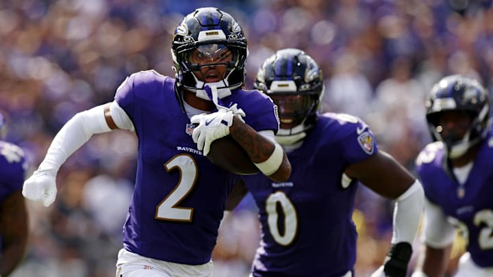 Sep 14, 2025; Baltimore, Maryland, USA; Baltimore Ravens cornerback Nate Wiggins (2) returns an interception during the second half against the Cleveland Browns at M&T Bank Stadium. Mandatory Credit: Peter Casey-Imagn Images Sep 14, 2025; Baltimore, Maryland, USA; Baltimore Ravens cornerback Nate Wiggins (2) returns an interception during the second half against the Cleveland Browns at M&T Bank Stadium. Mandatory Credit: Peter Casey-Imagn Images