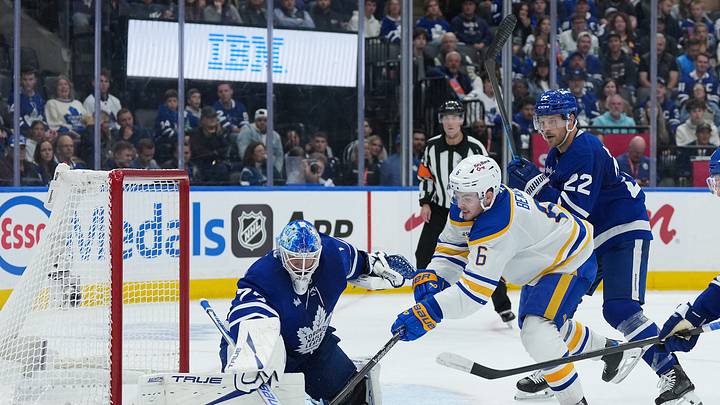 Oct 15, 2026; Toronto, Ontario, CAN;  Buffalo Sabres left wing Zach Benson (6) battles for the puck in front of Toronto Maple Leafs goaltender Sergei Bobrovsky (72) during the second period at Scotiabank Arena.  Mandatory Credit: Nick Turchiaro-Imagn Images