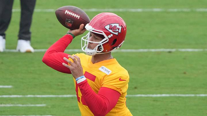 Jul 29, 2026; St. Joseph, MO, USA; Kansas City Chiefs   quarterback Patrick Mahomes (15) throws a pass during training camp at Missouri Western State University. Mandatory Credit: Denny Medley-Imagn Images