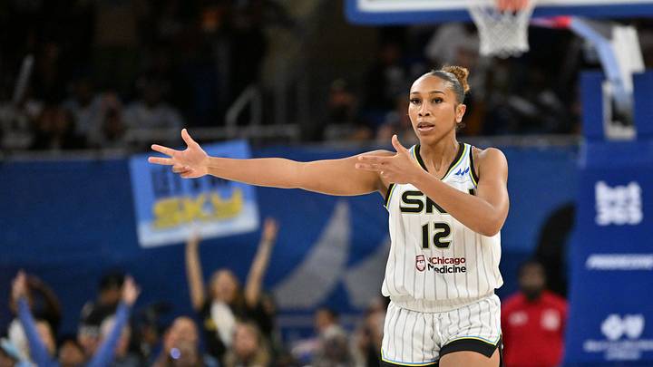 Aug 21, 2026; Chicago, Illinois, USA; Chicago Sky guard Sydney Taylor (12) celebrates her three point shot against the Golden State Valkyries during the first half at the Wintrust Arena. Mandatory Credit: Patrick Gorski-Imagn Images Aug 21, 2026; Chicago, Illinois, USA; Chicago Sky guard Sydney Taylor (12) celebrates her three point shot against the Golden State Valkyries during the first half at the Wintrust Arena. Mandatory Credit: Patrick Gorski-Imagn Images