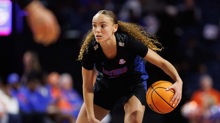 Feb 27, 2025; Gainesville, Florida, USA; Florida Gators guard Kenza Salgues (6) dribbles the ball against the Oklahoma Sooners during the second half at the Stephen C. O'Connell Center in Gainesville, FL on Thursday, February 27, 2025. [Matt Pendleton/Gainesville Sun]
