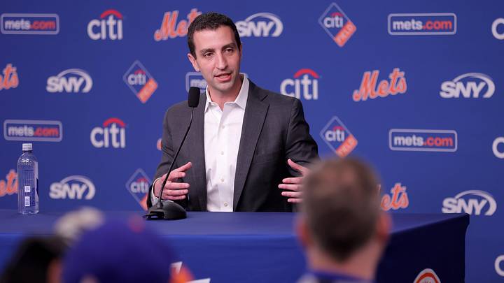 Jun 26, 2026; New York City, New York, USA; New York Mets president of baseball operations David Stearns speaks during a press conference before a game against the Philadelphia Phillies at Citi Field. The club earlier today parted ways with manager Carlos Mendoza (not pictured). Mandatory Credit: Brad Penner-Imagn Images