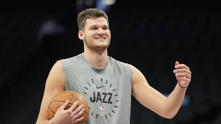 Dec 8, 2024; Sacramento, California, USA; Utah Jazz center Walker Kessler (24) before the game against the Sacramento Kings at Golden 1 Center. Mandatory Credit: Darren Yamashita-Imagn Images