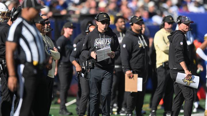 Oct 18, 2026; East Rutherford, New Jersey, USA; New Orleans Saints head coach Kellen Moore watches game play against the New York Giants during the second quarter at MetLife Stadium. Mandatory Credit: John Jones-Imagn Images Oct 18, 2026; East Rutherford, New Jersey, USA; New Orleans Saints head coach Kellen Moore watches game play against the New York Giants during the second quarter at MetLife Stadium. Mandatory Credit: John Jones-Imagn Images