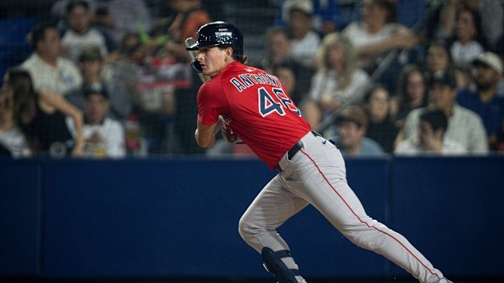 Roman Anthony takes a swing in the MLB Monterrey Series: Boston Red Sox versus Sultanes de Monterrey.