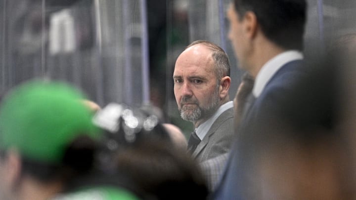 Dec 8, 2024; Dallas, Texas, USA; Dallas Stars head coach Peter DeBoer looks on during the third period of the game between the Stars and the Calgary Flames at the American Airlines Center. Mandatory Credit: Jerome Miron-Imagn Images