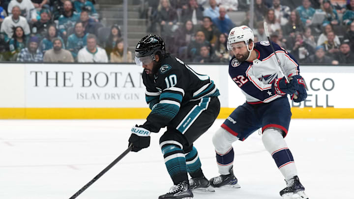 Feb 17, 2024; San Jose, California, USA; San Jose Sharks left wing Anthony Duclair (10) skates with