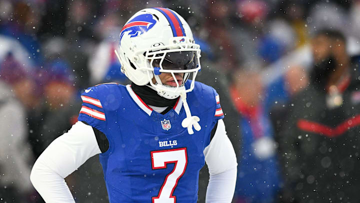 Dec 7, 2025; Orchard Park, New York, USA; Buffalo Bills cornerback Taron Johnson (7) warms up before a game against the Cincinnati Bengals at Highmark Stadium. Mandatory Credit: Mark Konezny-Imagn Images