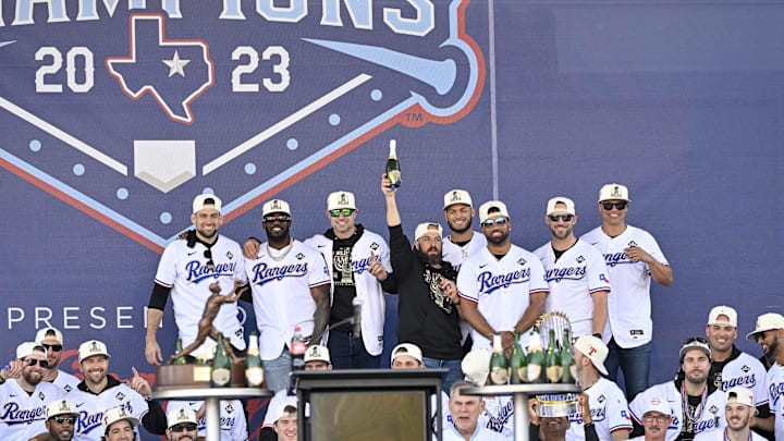 Nov 3, 2023; Arlington, TX, USA; The Texas Rangers pose for a photo during the celebration outside