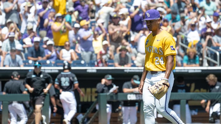 Jun 22, 2025; Omaha, Neb, USA;  LSU Tigers starting pitcher Anthony Eyanson (24) walks off the mound after the first inning during the game against the Coastal Carolina Chanticleers at Charles Schwab Field. Mandatory Credit: Steven Branscombe-Imagn Images