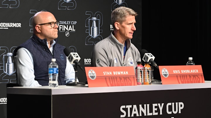Jun 3, 2025; Edmonton, Alberta, CAN; Edmonton Oilers general manager Stan Bowman along with Oilers head coach Kris Knoblauch are seen during media day in advance of the 2025 Stanley Cup Final at Rogers Place. Mandatory Credit: Walter Tychnowicz-Imagn Images