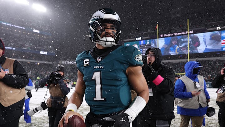 Jan 19, 2025; Philadelphia, Pennsylvania, USA; Philadelphia Eagles quarterback Jalen Hurts (1) looks on from the field after defeating the Los Angeles Rams in a 2025 NFC divisional round game at Lincoln Financial Field. Mandatory Credit: Bill Streicher-Imagn Images