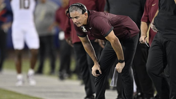 Sep 28, 2024; Dallas, Texas, USA; Florida State Seminoles head coach Mike Norvell during the game between the Southern Methodist Mustangs and the Florida State Seminoles at Gerald J. Ford Stadium. Mandatory Credit: Jerome Miron-Imagn Images