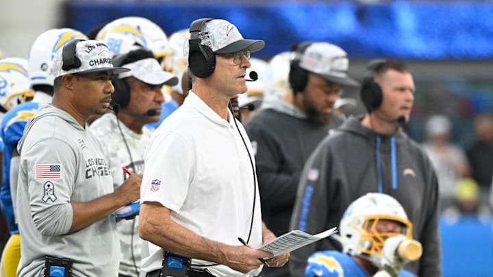 Nov 10, 2024; Inglewood, California, USA; Los Angeles Chargers head coach Jim Harbaugh on the sidelines during the fourth quarter in an NFL game against the Tennessee Titans at SoFi Stadium. Mandatory Credit: Robert Hanashiro-Imagn Images