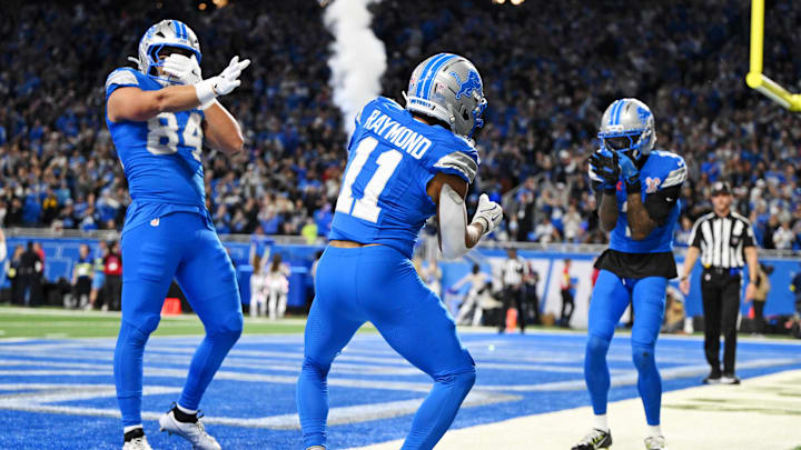 Dec 21, 2025; Detroit, Michigan, USA; Detroit Lions wide receiver Kalif Raymond (11) celebrates after scoring a touchdown during the fourth quarter against the Pittsburgh Steelers at Ford Field. Mandatory Credit: Lon Horwedel-Imagn Images Dec 21, 2025; Detroit, Michigan, USA; Detroit Lions wide receiver Kalif Raymond (11) celebrates after scoring a touchdown during the fourth quarter against the Pittsburgh Steelers at Ford Field. Mandatory Credit: Lon Horwedel-Imagn Images