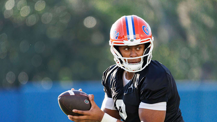 Florida Gators quarterback DJ Lagway (2) looks to hand off the ball during spring football practice at Heavener Football Complex at the University of Florida in Gainesville, FL on Thursday, March 6, 2025. [Matt Pendleton/Gainesville Sun]