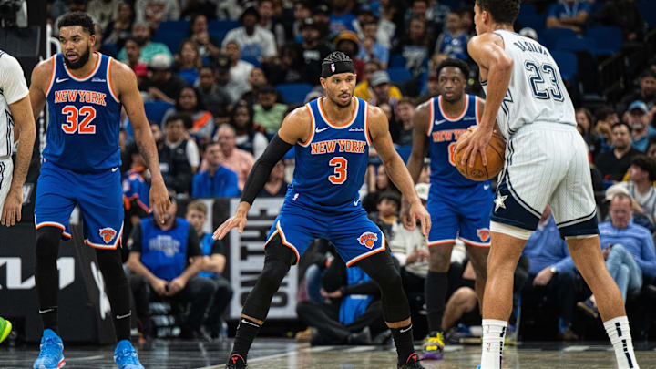 Dec 15, 2024; Orlando, Florida, USA; New York Knicks forward Josh Hart (3) defends Orlando Magic forward Tristan da Silva (23) in the second quarter at Kia Center. Mandatory Credit: Jeremy Reper-Imagn Images