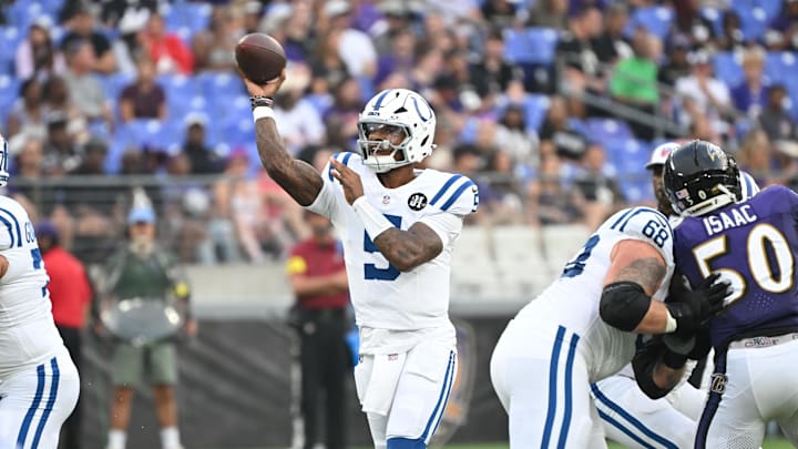 Aug 7, 2025; Baltimore, Maryland, USA; Indianapolis Colts quarterback Anthony Richardson Sr. (5) attempts a pass against the Baltimore Ravens during the first quarter at M&T Bank Stadium. Mandatory Credit: Rafael Suanes-Imagn Images
