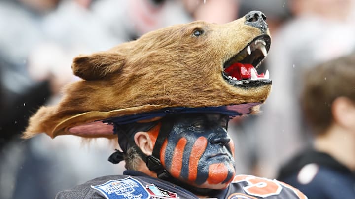 Dec 17, 2023; Cleveland, Ohio, USA; A Chicago Bears fan watches warm ups before the game between the