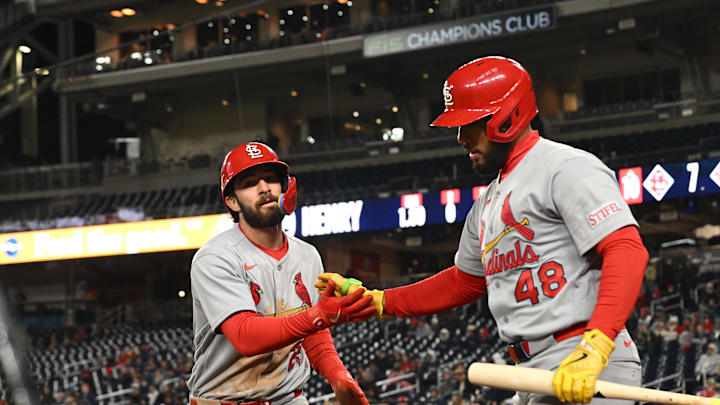 Apr 7, 2026; Washington, District of Columbia, USA; St. Louis Cardinals second baseman Thomas Saggese (25) celebrates scoring a run with catcher Ivan Herrera (48) against the Washington Nationals during the tenth inning at Nationals Park. Mandatory Credit: Rafael Suanes-Imagn Images Apr 7, 2026; Washington, District of Columbia, USA; St. Louis Cardinals second baseman Thomas Saggese (25) celebrates scoring a run with catcher Ivan Herrera (48) against the Washington Nationals during the tenth inning at Nationals Park. Mandatory Credit: Rafael Suanes-Imagn Images