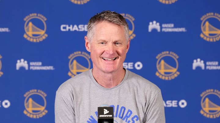 Jan 5, 2026; Inglewood, California, USA; Golden State Warriors head coach Steve Kerr at press conference at Intuit Dome. Mandatory Credit: Kirby Lee-Imagn Images