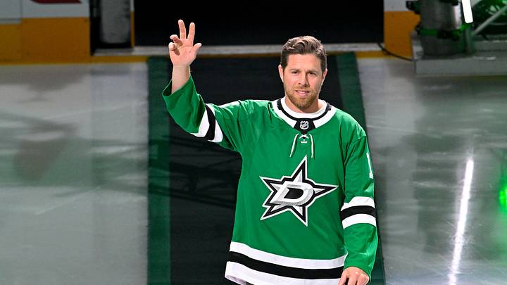 Oct 14, 2025; Dallas, Texas, USA; Former player Joe Pavelski is introduced before the game between the Dallas Stars and the Minnesota Wild at the American Airlines Center. Mandatory Credit: Jerome Miron-Imagn Images