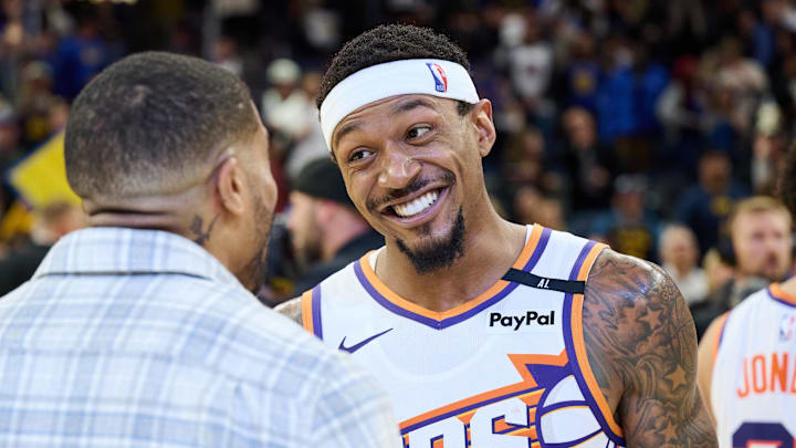 Dec 28, 2024; San Francisco, California, USA; Phoenix Suns guard Bradley Beal (3) reacts on the court after the game against the Golden State Warriors at Chase Center. Mandatory Credit: Robert Edwards-Imagn Images