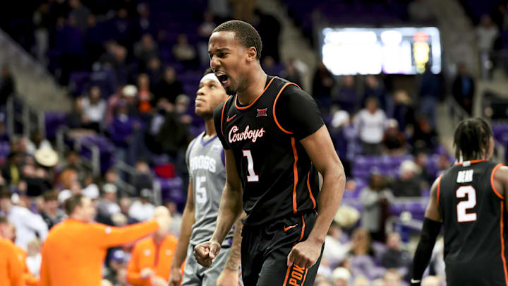 Feb 12, 2025; Fort Worth, Texas, USA; Oklahoma State Cowboys guard Bryce Thompson (1) reacts during the second half against the TCU Horned Frogs at Ed and Rae Schollmaier Arena. Mandatory Credit: Kevin Jairaj-Imagn Images Feb 12, 2025; Fort Worth, Texas, USA; Oklahoma State Cowboys guard Bryce Thompson (1) reacts during the second half against the TCU Horned Frogs at Ed and Rae Schollmaier Arena. Mandatory Credit: Kevin Jairaj-Imagn Images