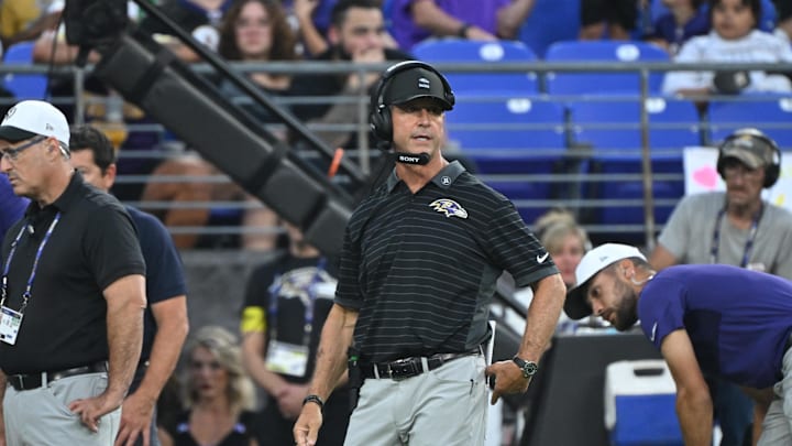 Aug 7, 2025; Baltimore, Maryland, USA; Baltimore Ravens head coach John Harbaugh looks on from the sidelines during the first quarter against the Indianapolis Colts at M&T Bank Stadium. Mandatory Credit: Rafael Suanes-Imagn Images