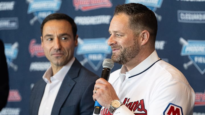 Nov 10, 2023; Cleveland, OH, USA; Cleveland Guardians manager Stephen Vogt, right, talks to the media as president of baseball operations Chris Antonetti looks on during an introductory press conference at Progressive Field. Mandatory Credit: Ken Blaze-Imagn Images
Nov 10, 2023; Cleveland, OH, USA; Cleveland Guardians manager Stephen Vogt, right, talks to the media as president of baseball operations Chris Antonetti looks on during an introductory press conference at Progressive Field. Mandatory Credit: Ken Blaze-Imagn Images
