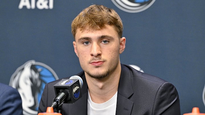 Jun 27, 2025; Dallas, TX, USA; Dallas Mavericks first overall pick Cooper Flagg speaks to the media during a press conference at the Dallas Mavericks Practice Facility. Mandatory Credit: Jerome Miron-Imagn Images