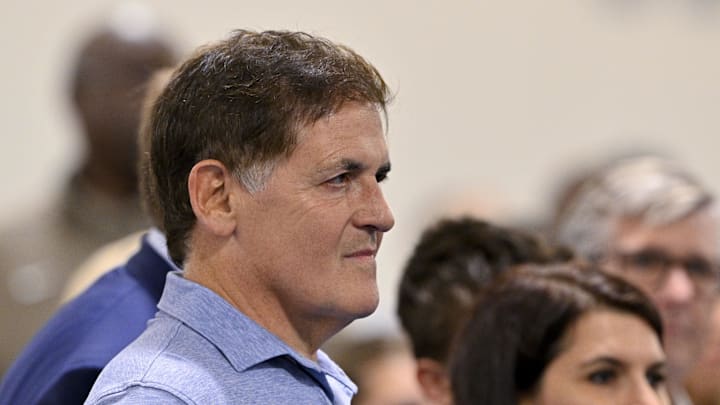 Jun 27, 2025; Dallas, TX, USA; Dallas Mavericks minority owner Mark Cuban looks on a press conference at the Dallas Mavericks Practice Facility. Mandatory Credit: Jerome Miron-Imagn Images