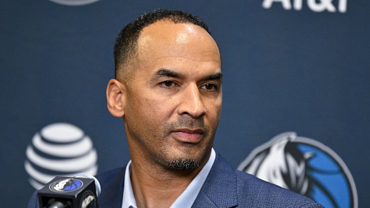 Jun 27, 2025; Dallas, TX, USA; Dallas Mavericks general manager Nico Harrison speaks to the media at the Dallas Mavericks Practice Facility. Mandatory Credit: Jerome Miron-Imagn Images