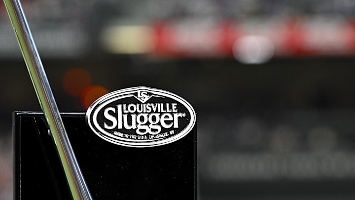 Apr 10, 2024; Arlington, Texas, USA; A view of the Louisville Slugger logo on the Silver Slugger award before the game between the Texas Rangers and the Oakland Athletics at Globe Life Field. Mandatory Credit: Jerome Miron-USA TODAY Sports