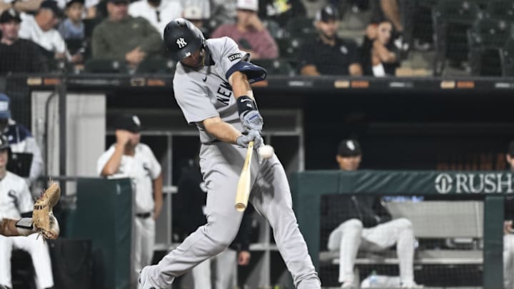 Aug 28, 2025; Chicago, Illinois, USA;  New York Yankees first baseman Paul Goldschmidt (48) hits an RBI sacrifice fly ball against the Chicago White Sox during the ninth inning at Rate Field. Mandatory Credit: Matt Marton-Imagn Images