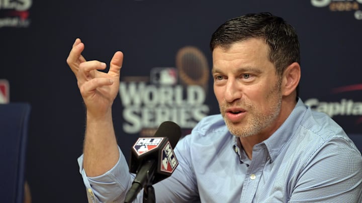 Oct 25, 2024; Los Angeles, California, USA; Los Angeles Dodgers president of baseball operations Andrew Friedman speaks in a press conference before game one against the New York Yankees in the 2024 MLB World Series at Dodger Stadium. Mandatory Credit: Jayne Kamin-Oncea-Imagn Images