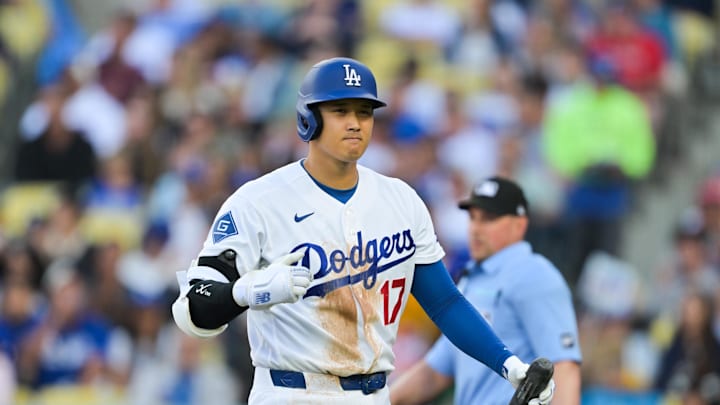 Apr 1, 2026; Los Angeles, California, USA; Los Angeles Dodgers two-way player Shohei Ohtani (17) reacts after striking out during the third inning against the Cleveland Guardians at Dodger Stadium. Mandatory Credit: Jayne Kamin-Oncea-Imagn Images