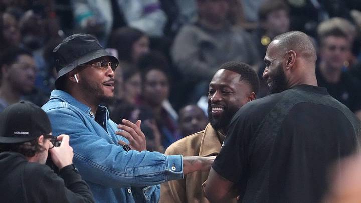 Feb 19, 2023; Salt Lake City, UT, USA; Carmelo Anthony, Dwyane Wade and LeBron James greet each other before the 2023 NBA All-Star Game at Vivint Arena. Mandatory Credit: Kyle Terada-Imagn Images Feb 19, 2023; Salt Lake City, UT, USA; Carmelo Anthony, Dwyane Wade and LeBron James greet each other before the 2023 NBA All-Star Game at Vivint Arena. Mandatory Credit: Kyle Terada-Imagn Images