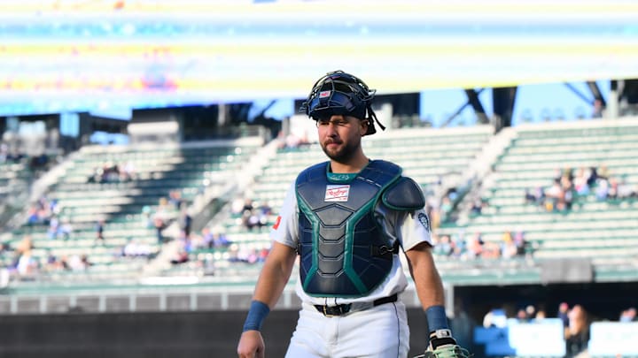 Seattle Mariners catcher Cal Raleigh (29) before the game against the New York Yankees at T-Mobile Park on May 12.
