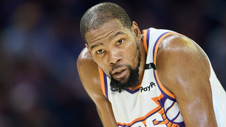 Dec 28, 2024; San Francisco, California, USA; Phoenix Suns forward Kevin Durant (35) waits for play to resume against the Golden State Warriors during the third quarter at Chase Center. Mandatory Credit: Robert Edwards-Imagn Images