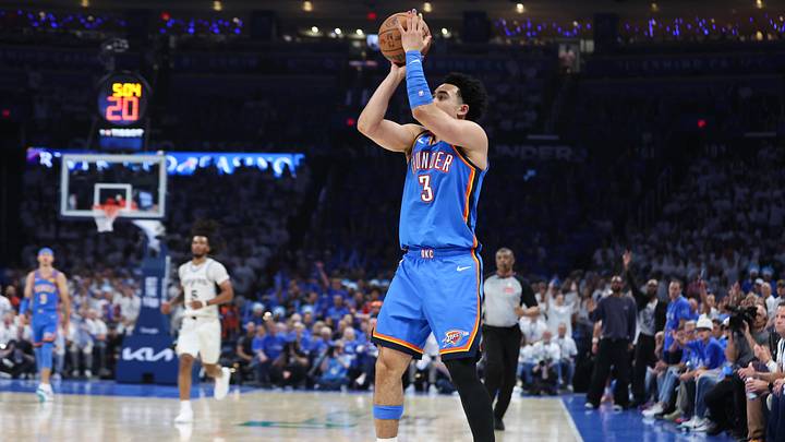 May 20, 2026; Oklahoma City, Oklahoma, USA; Oklahoma City Thunder guard Jared McCain (3) shoots during the third quarter against the San Antonio Spurs during game two of the western conference finals for the 2026 NBA playoffs at Paycom Center. Mandatory Credit: Brett Rojo-Imagn Images May 20, 2026; Oklahoma City, Oklahoma, USA; Oklahoma City Thunder guard Jared McCain (3) shoots during the third quarter against the San Antonio Spurs during game two of the western conference finals for the 2026 NBA playoffs at Paycom Center. Mandatory Credit: Brett Rojo-Imagn Images