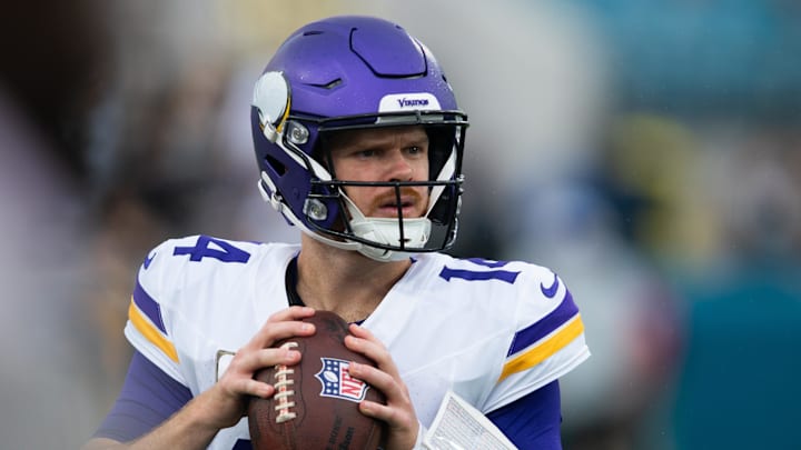 Nov 10, 2024; Jacksonville, Florida, USA; Minnesota Vikings quarterback Sam Darnold (14) throws the ball before the game against the Jacksonville Jaguars at EverBank Stadium. Mandatory Credit: Jeremy Reper-Imagn Images Nov 10, 2024; Jacksonville, Florida, USA; Minnesota Vikings quarterback Sam Darnold (14) throws the ball before the game against the Jacksonville Jaguars at EverBank Stadium. Mandatory Credit: Jeremy Reper-Imagn Images