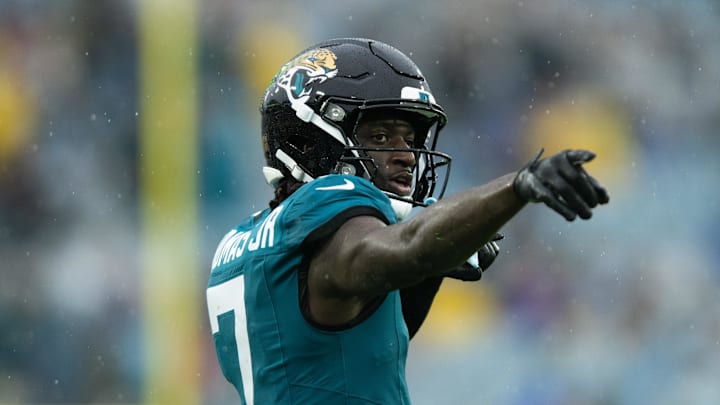 Dec 29, 2024; Jacksonville, Florida, USA; Jacksonville Jaguars wide receiver Brian Thomas Jr (7) celebrates the first down against the the Tennessee Titans in the second quarter at EverBank Stadium. Mandatory Credit: Jeremy Reper-Imagn Images