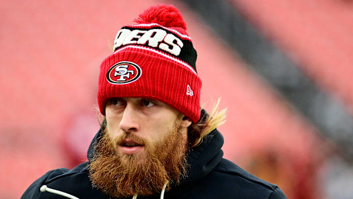 Nov 30, 2025; Cleveland, Ohio, USA;  San Francisco 49ers tight end George Kittle (85) warms up before the game against the Cleveland Browns at Huntington Bank Field. Mandatory Credit: Ken Blaze-Imagn Images