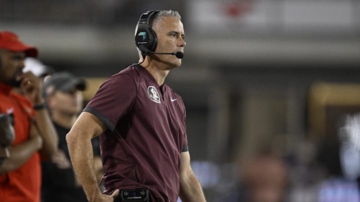 Sep 28, 2024; Dallas, Texas, USA; Florida State Seminoles head coach Mike Norvell during the game between the Southern Methodist Mustangs and the Florida State Seminoles at Gerald J. Ford Stadium. Mandatory Credit: Jerome Miron-Imagn Images