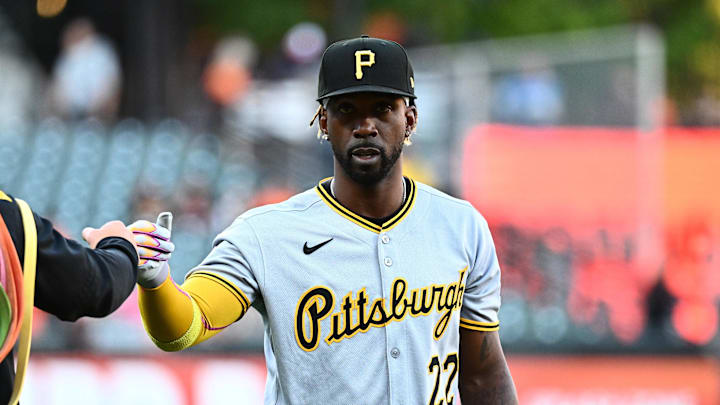 Sep 9, 2025; Baltimore, Maryland, USA;  Pittsburgh Pirates designated hitter Andrew McCutchen (22) walks on the field before the game between the Baltimore Orioles and the Pittsburgh Pirates at Oriole Park at Camden Yards. Mandatory Credit: James A. Pittman-Imagn Images