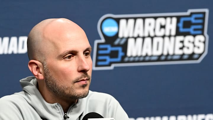 Phil Martelli Jr. speaks to reporters before Bryant's NCAA tournament game against Michigan State.