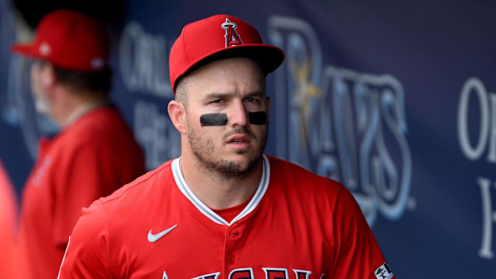 Los Angeles Angels right fielder Mike Trout (27) prepares for the start of the game against the Tampa Bay Rays at George M. Steinbrenner Field. Los Angeles Angels right fielder Mike Trout (27) prepares for the start of the game against the Tampa Bay Rays at George M. Steinbrenner Field.