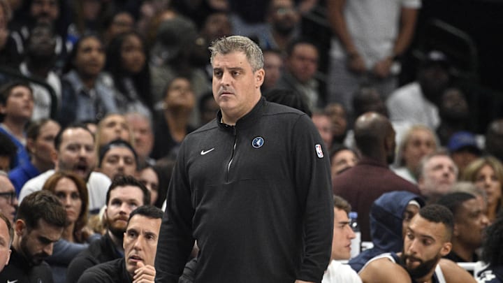 Micah Nori looks on against the Mavericks in the 2024 NBA playoffs.