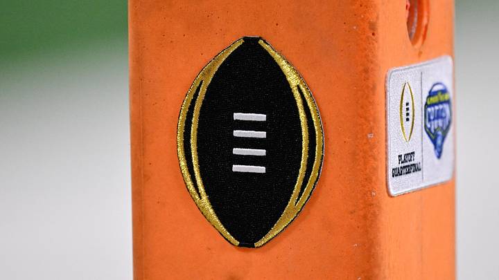 Dec 31, 2025; Arlington, TX, USA; A detailed view of the College Football Playoff logo on the pylon during the game between the Miami Hurricanes and Ohio State Buckeyes during the 2025 Cotton Bowl and quarterfinal game of the College Football Playoff at AT&T Stadium. Mandatory Credit: Jerome Miron-Imagn Images